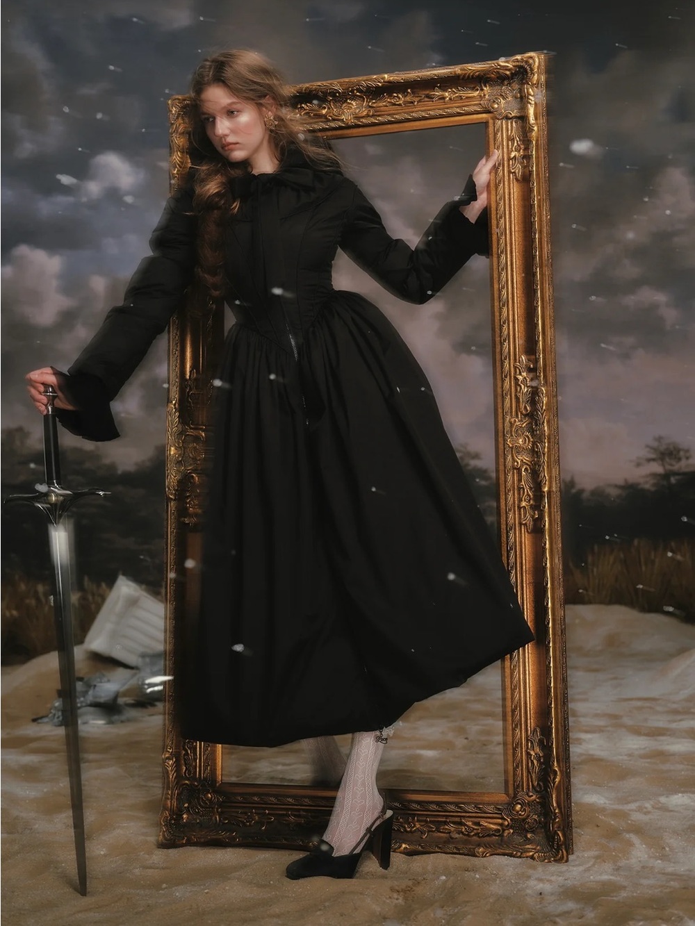 Lacemade / S / Black Long Sleeve Bodice Puffer Coat with Hood and Neck Tie